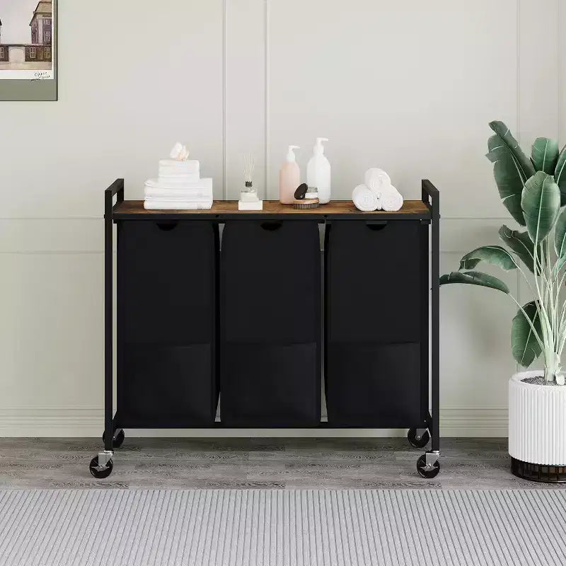 Panier à linge avec étagère et 3 sacs amovibles, trieur à linge roulant de 120L avec cadre métallique pour salle de bain