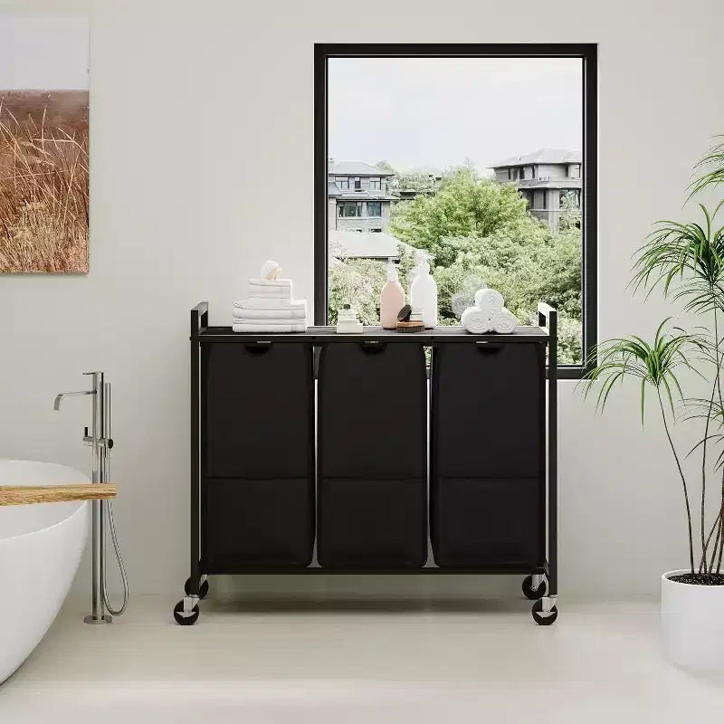 Panier à linge avec étagère et 3 sacs amovibles, trieur à linge roulant de 120L avec cadre métallique pour salle de bain