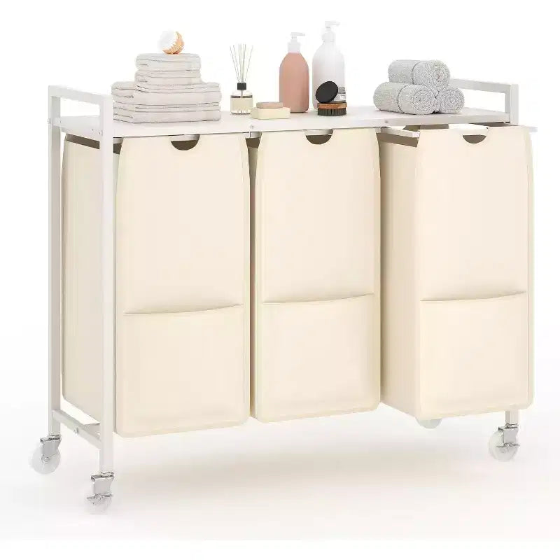 Laundry Hamper with Shelf & 3 Removable Pull-Out Bags, 120L Rolling Laundry Sorter with Metal Frame for Bathroom