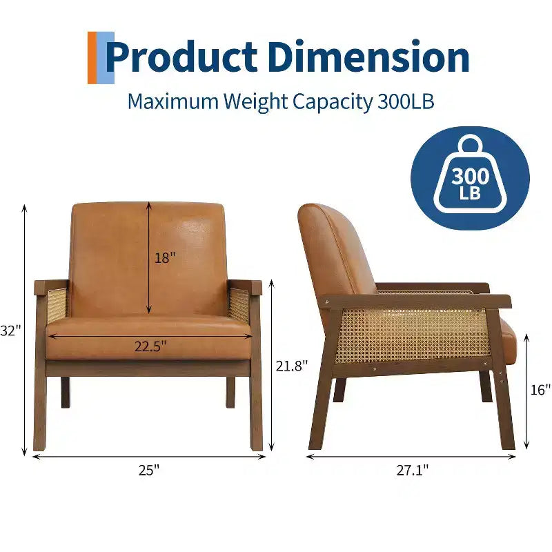 Fauteuil d'appoint moderne à dossier haut en bois avec une capacité de 136 kg - Fauteuil en rotin rembourré ou en cuir PU pour salon