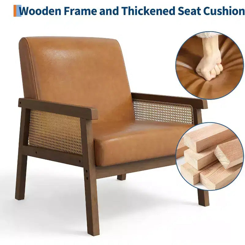 Fauteuil d'appoint moderne à dossier haut en bois avec une capacité de 136 kg - Fauteuil en rotin rembourré ou en cuir PU pour salon