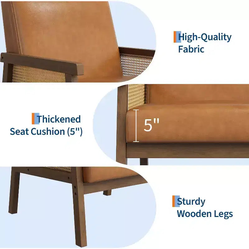 Fauteuil d'appoint moderne à dossier haut en bois avec une capacité de 136 kg - Fauteuil en rotin rembourré ou en cuir PU pour salon