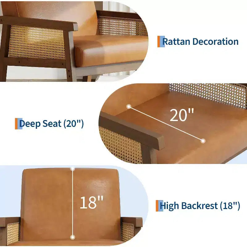 Fauteuil d'appoint moderne à dossier haut en bois avec une capacité de 136 kg - Fauteuil en rotin rembourré ou en cuir PU pour salon