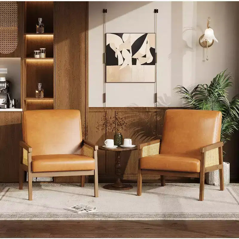 Fauteuil d'appoint moderne à dossier haut en bois avec une capacité de 136 kg - Fauteuil en rotin rembourré ou en cuir PU pour salon