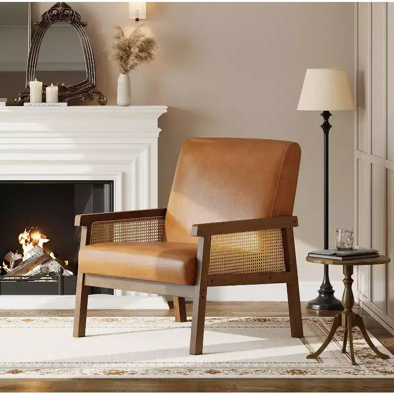Fauteuil d'appoint moderne à dossier haut en bois avec une capacité de 136 kg - Fauteuil en rotin rembourré ou en cuir PU pour salon