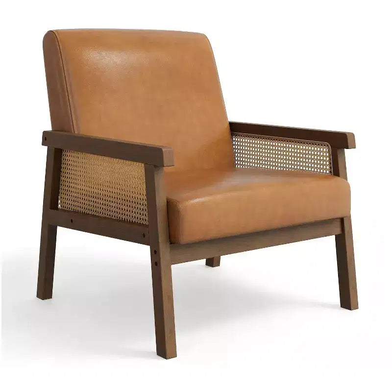 Fauteuil d'appoint moderne à dossier haut en bois avec une capacité de 136 kg - Fauteuil en rotin rembourré ou en cuir PU pour salon