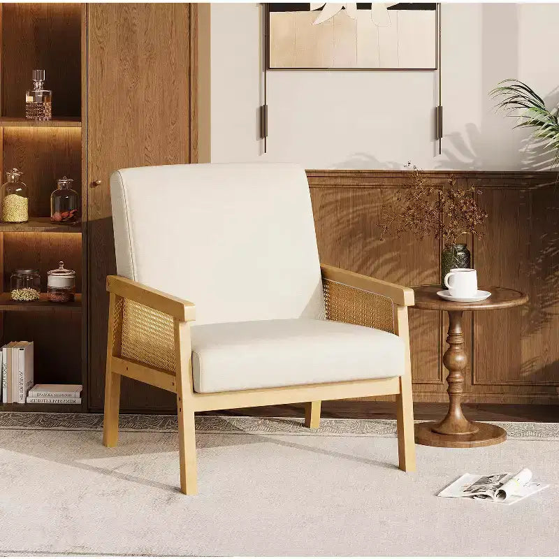 Modern High Back Wood Frame Accent Chair with 300lb Capacity - Upholstered Rattan or PU Leather Armchair for Living Room