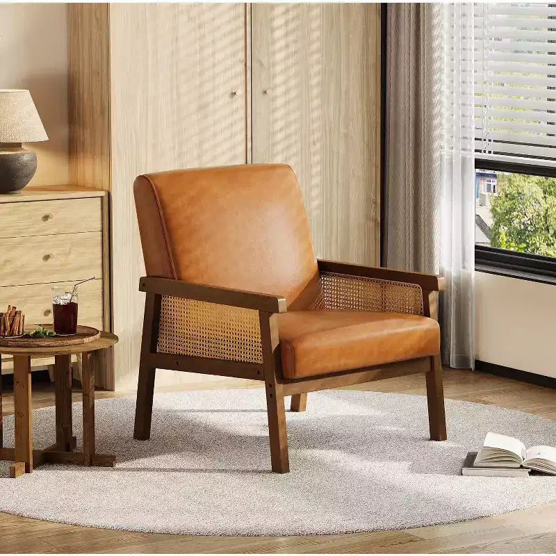 Fauteuil d'appoint moderne à dossier haut en bois avec une capacité de 136 kg - Fauteuil en rotin rembourré ou en cuir PU pour salon