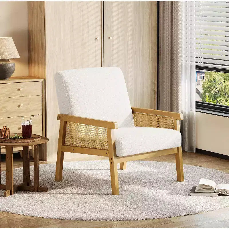 Fauteuil d'appoint moderne à dossier haut en bois avec une capacité de 136 kg - Fauteuil en rotin rembourré ou en cuir PU pour salon