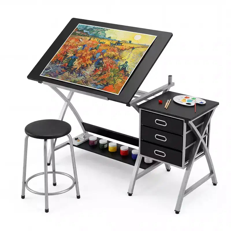 Adjustable Drafting Table with Stool, Drawing Table with Tiltable Tabletop & 3 Storage Drawers, Painting Studio Work Station, Art Desk for Drafting