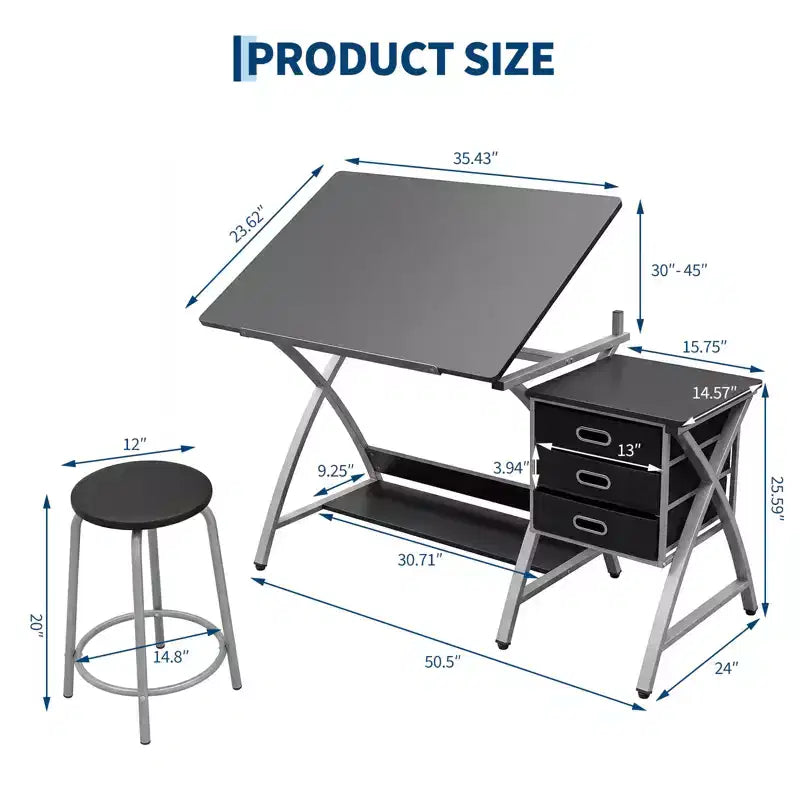 Table à Dessin Réglable avec Tabouret, Table à Dessin avec Plateau Inclinable et 3 Tiroirs de Rangement, Poste de Travail de Studio de Peinture, Bureau d'Art pour le Dessin Technique