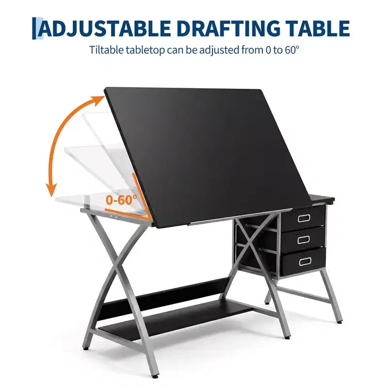 Table à Dessin Réglable avec Tabouret, Table à Dessin avec Plateau Inclinable et 3 Tiroirs de Rangement, Poste de Travail de Studio de Peinture, Bureau d'Art pour le Dessin Technique