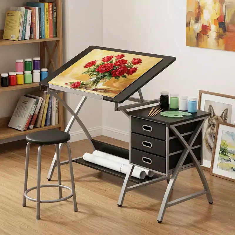 Table à Dessin Réglable avec Tabouret, Table à Dessin avec Plateau Inclinable et 3 Tiroirs de Rangement, Poste de Travail de Studio de Peinture, Bureau d'Art pour le Dessin Technique