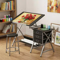 Table à Dessin Réglable avec Tabouret, Table à Dessin avec Plateau Inclinable et 3 Tiroirs de Rangement, Poste de Travail de Studio de Peinture, Bureau d'Art pour le Dessin Technique
