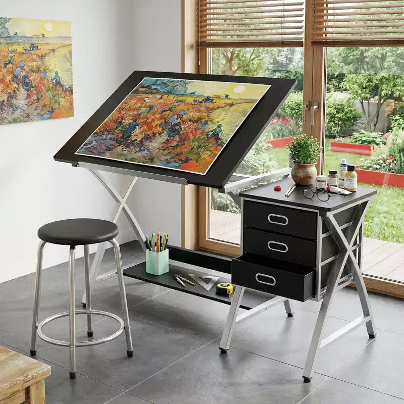 Table à Dessin Réglable avec Tabouret, Table à Dessin avec Plateau Inclinable et 3 Tiroirs de Rangement, Poste de Travail de Studio de Peinture, Bureau d'Art pour le Dessin Technique