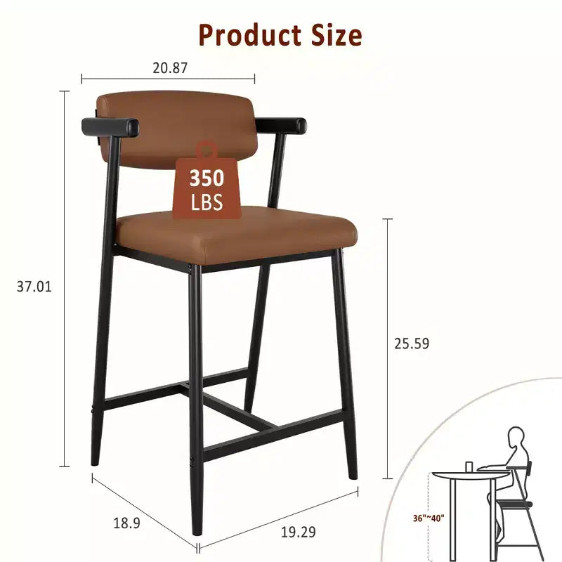 Lot de 2 tabourets de bar à hauteur de comptoir avec accoudoirs, tabouret de bar rembourré avec dossier, siège large et doux, lot de tabourets de bar en métal pour îlot de cuisine, montage facile