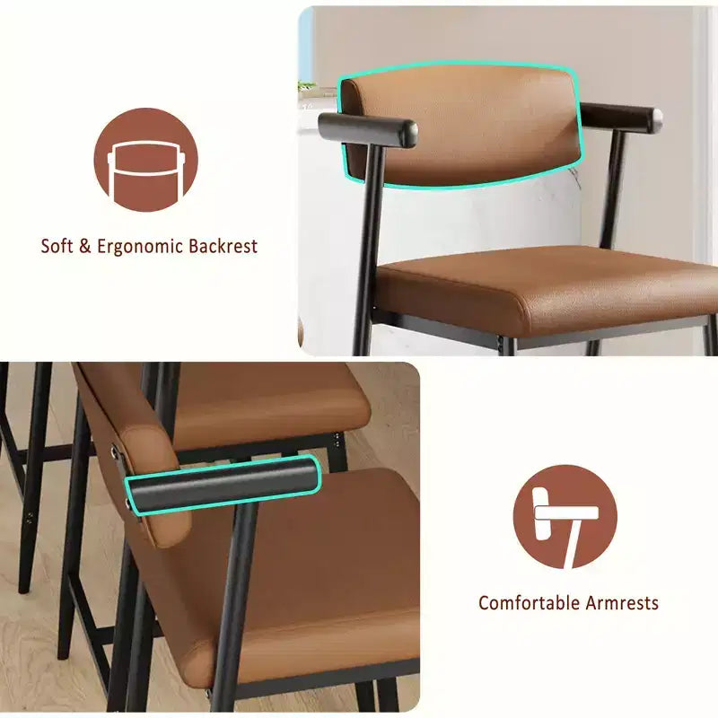 Lot de 2 tabourets de bar à hauteur de comptoir avec accoudoirs, tabouret de bar rembourré avec dossier, siège large et doux, lot de tabourets de bar en métal pour îlot de cuisine, montage facile