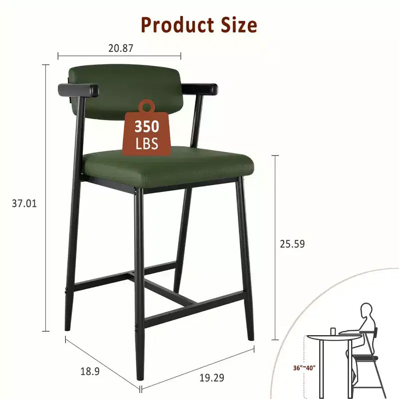 Lot de 2 tabourets de bar à hauteur de comptoir avec accoudoirs, tabouret de bar rembourré avec dossier, siège large et doux, lot de tabourets de bar en métal pour îlot de cuisine, montage facile