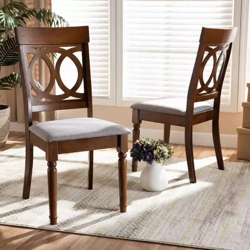 Ensemble de 2 chaises de salle à manger en tissu et bois Gris/Noyer Polyester, Nettoyage des taches, Sans accoudoirs