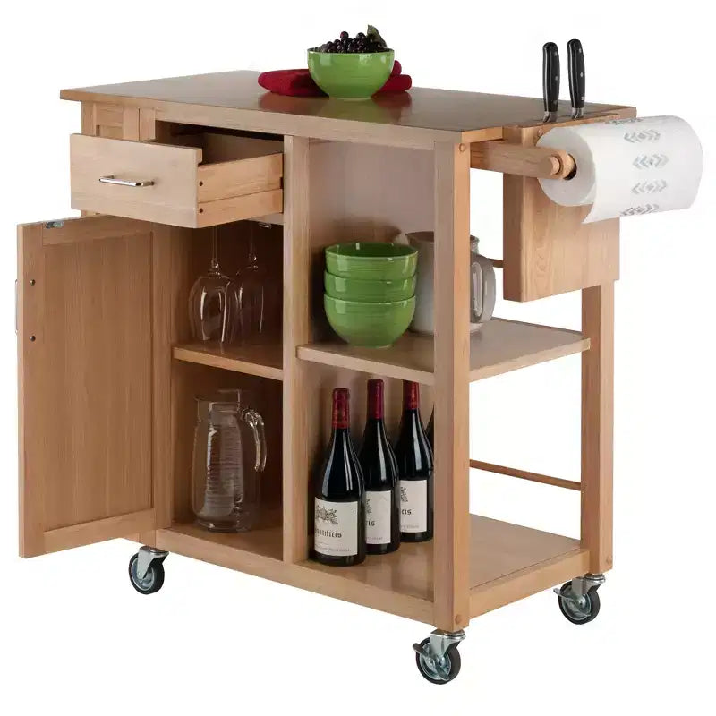 Desserte de cuisine îlot mobile naturel avec rangement et porte-serviettes