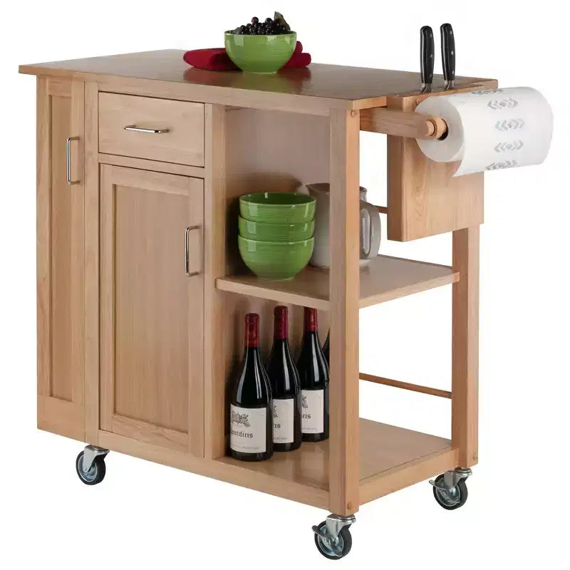 Desserte de cuisine îlot mobile naturel avec rangement et porte-serviettes