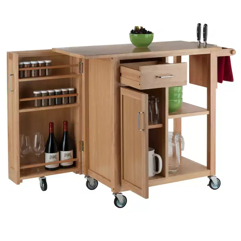 Desserte de cuisine îlot mobile naturel avec rangement et porte-serviettes