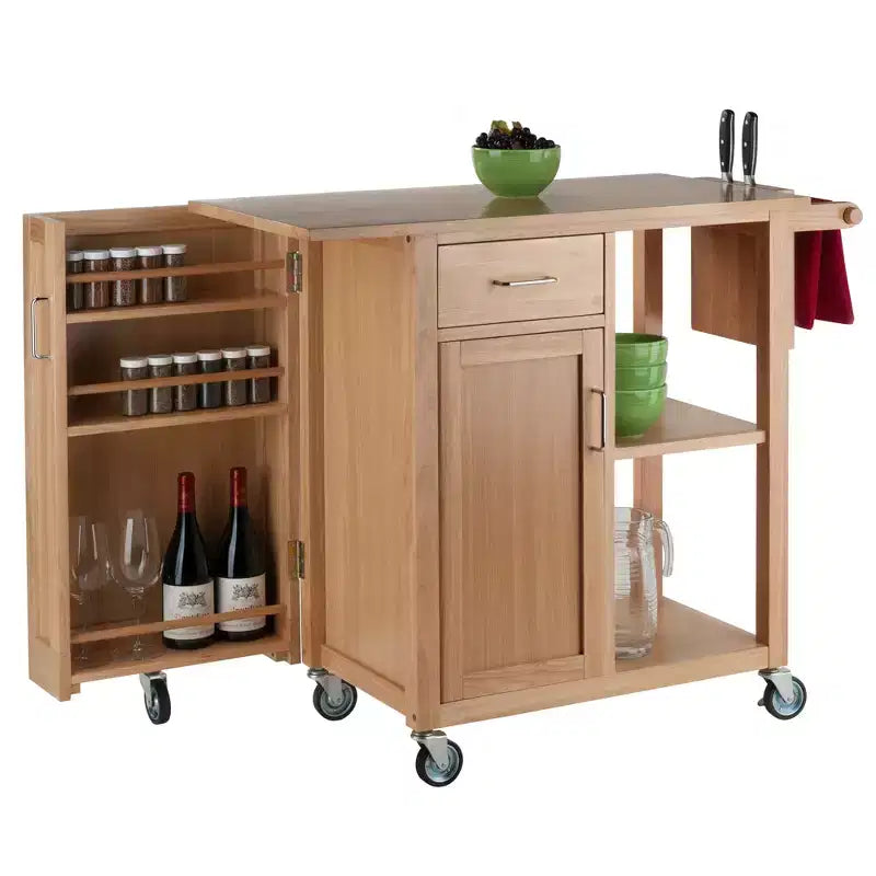 Desserte de cuisine îlot mobile naturel avec rangement et porte-serviettes