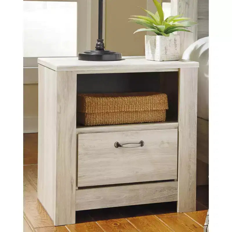 Table de chevet blanche à un tiroir : Table de chevet avec port USB et rangement