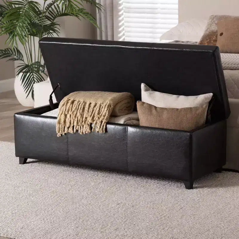 Banc de rangement ottoman en similicuir avec surpiqûres, marron foncé