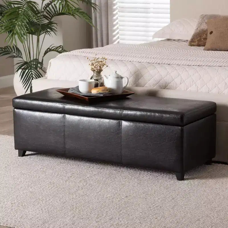 Banc de rangement ottoman en similicuir avec surpiqûres, marron foncé