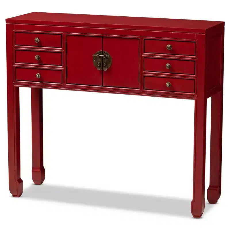 Melodie 6 Drawer Console Table Red - Baxton Studio: Antique-Inspired, Bayur Wood, Bronze Handles