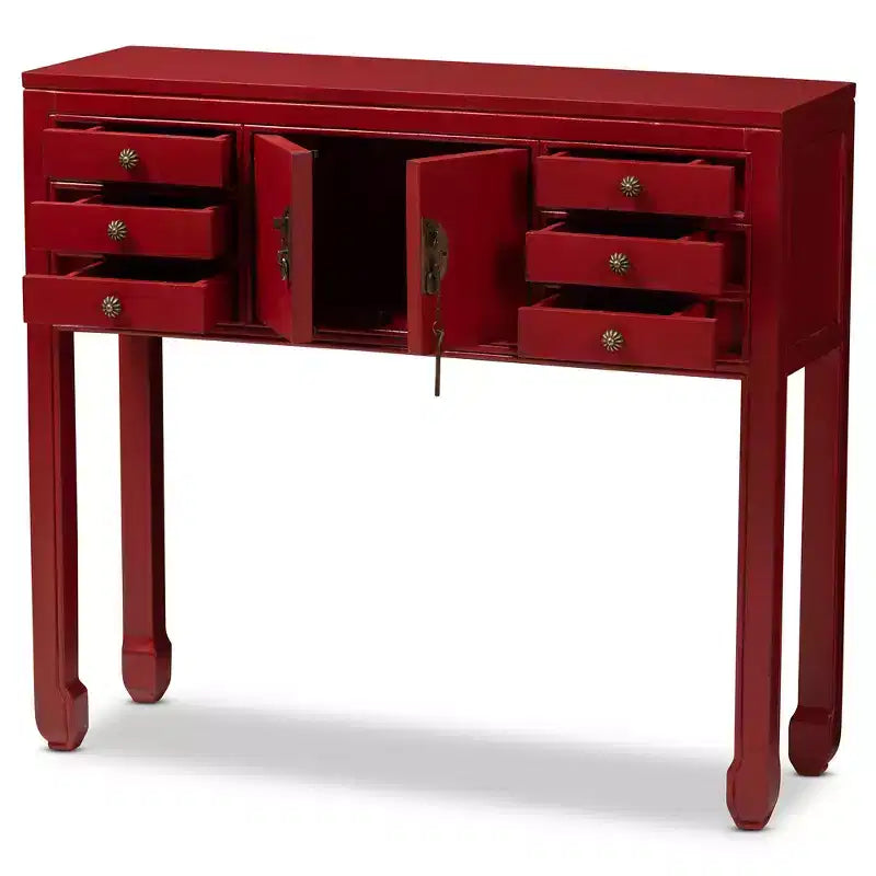 Table console à 6 tiroirs rouge d'inspiration antique, bois de Bayur, poignées en bronze