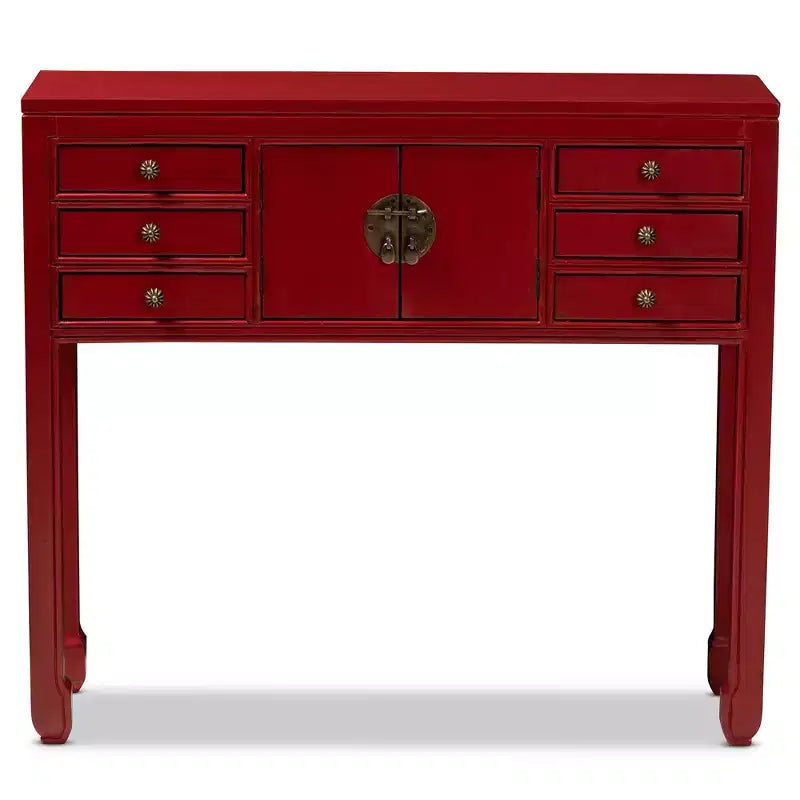 Table console à 6 tiroirs rouge d'inspiration antique, bois de Bayur, poignées en bronze