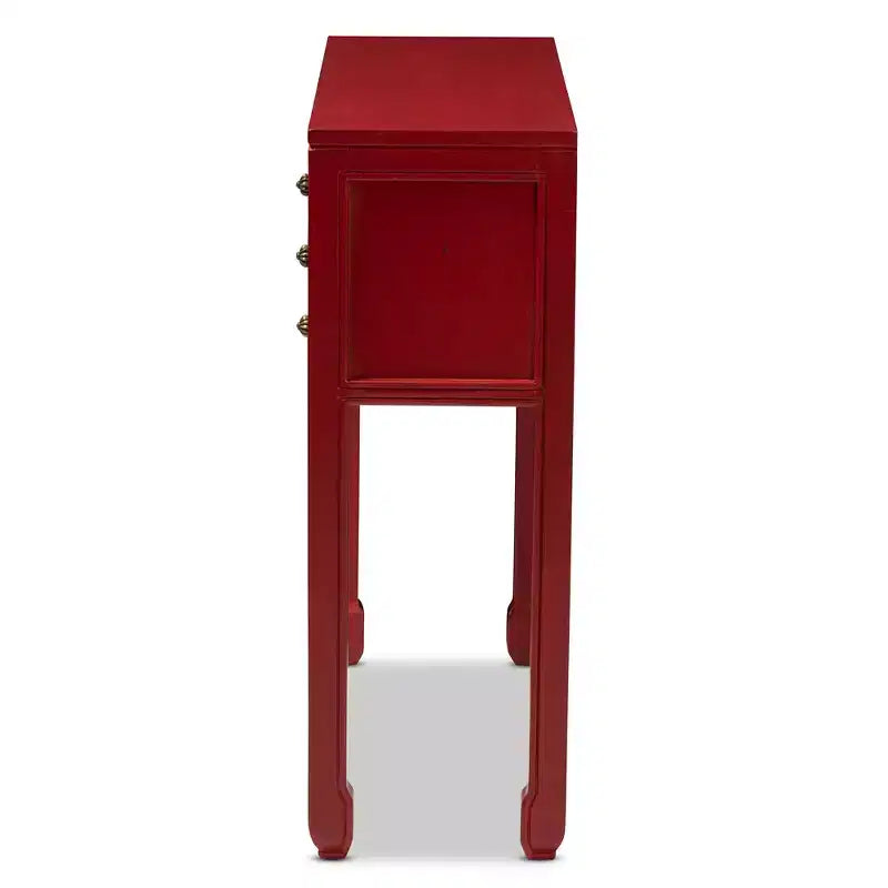 Table console à 6 tiroirs rouge d'inspiration antique, bois de Bayur, poignées en bronze