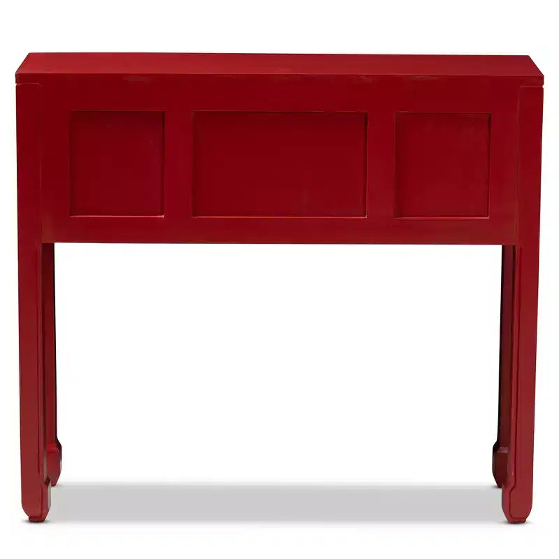 Table console à 6 tiroirs rouge d'inspiration antique, bois de Bayur, poignées en bronze