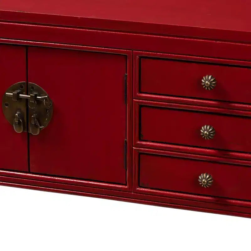Table console à 6 tiroirs rouge d'inspiration antique, bois de Bayur, poignées en bronze