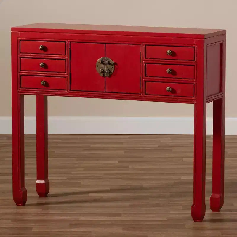 Table console à 6 tiroirs rouge d'inspiration antique, bois de Bayur, poignées en bronze