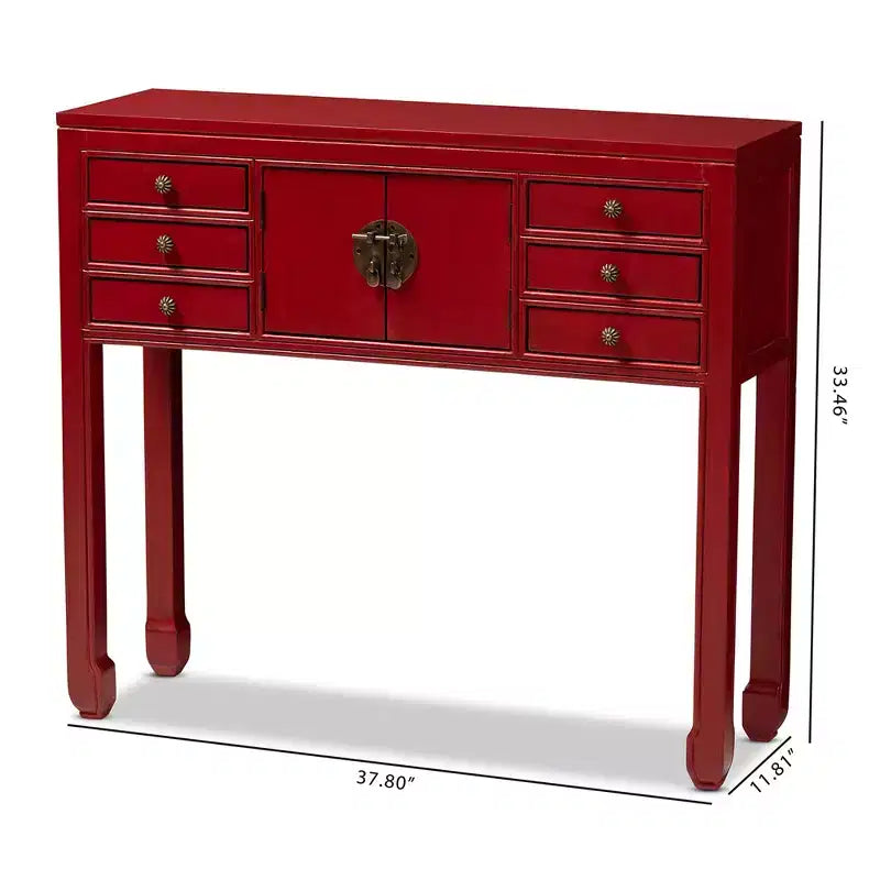 Table console à 6 tiroirs rouge d'inspiration antique, bois de Bayur, poignées en bronze