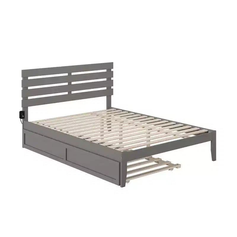 Queen Oxford Bed with USB Turbo Charger and XL Trundle Gray - AFI: Solid Hardwood, No Box Spring Needed, Mid-Century Design
