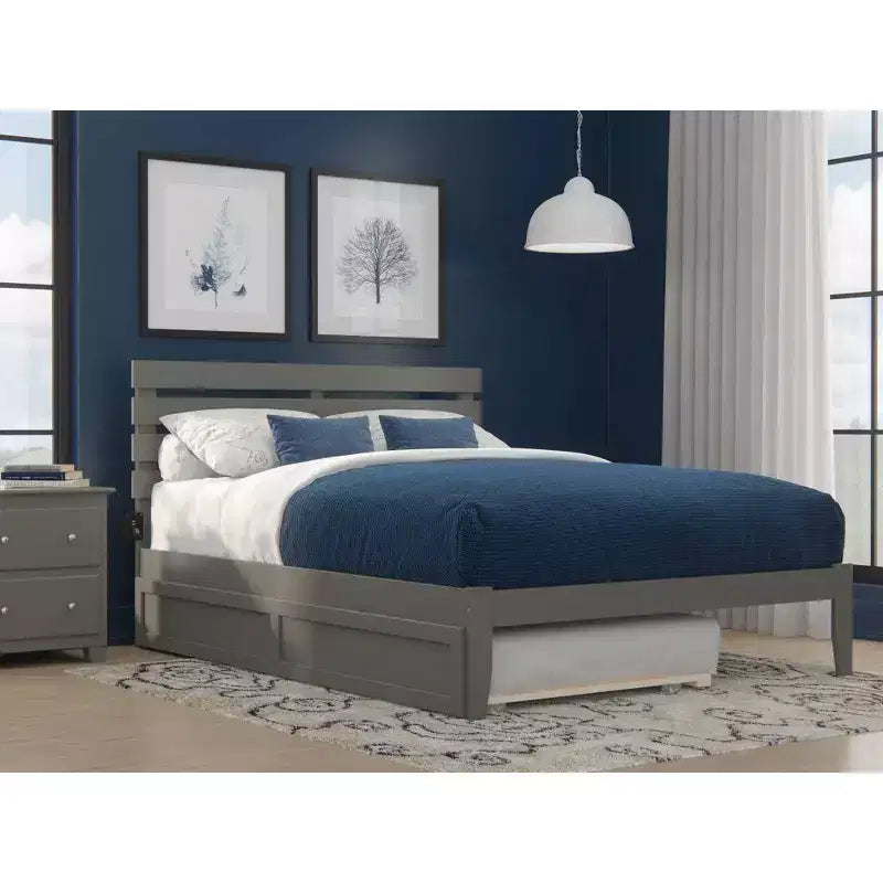 Lit Queen Oxford avec chargeur USB turbo et lit gigogne XL en bois massif gris, sommier non requis, design de style Mid-Century