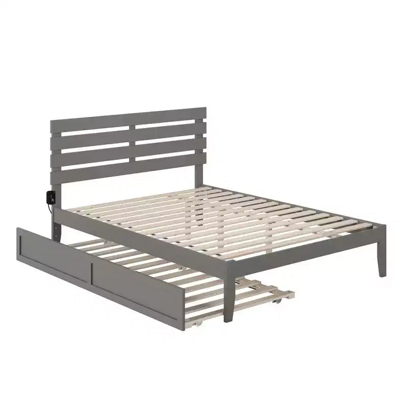 Lit Queen Oxford avec chargeur USB turbo et lit gigogne XL en bois massif gris, sommier non requis, design de style Mid-Century