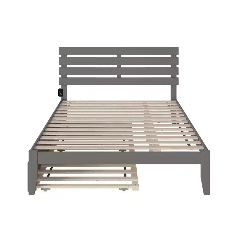 Lit Queen Oxford avec chargeur USB turbo et lit gigogne XL en bois massif gris, sommier non requis, design de style Mid-Century